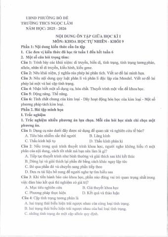 Đề cương ôn tập Giữa kì 1 KHTN 9 năm 2025–2026 trường THCS Ngọc Lâm (Hà Nội)